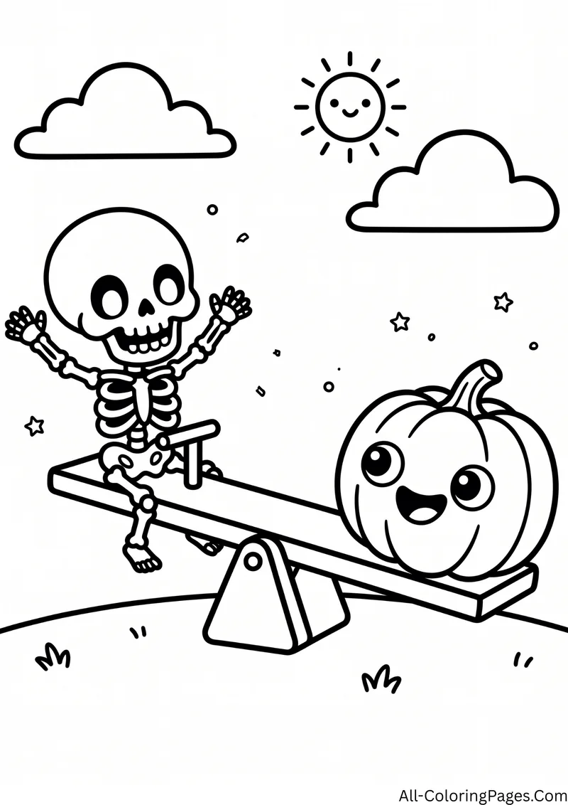 Skeleton on one end of a seesaw and a smiling pumpkin on the other, under a sun and clouds