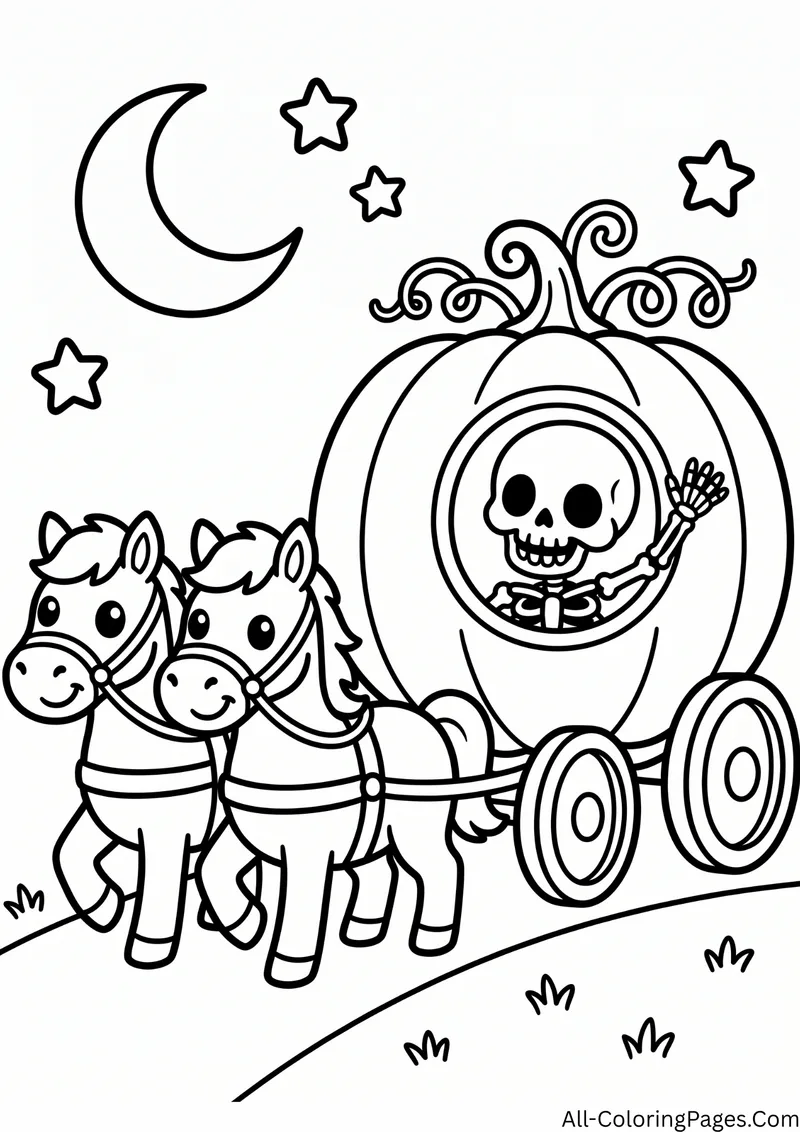 Skeleton waving from a pumpkin carriage pulled by two horses, under a crescent moon and stars