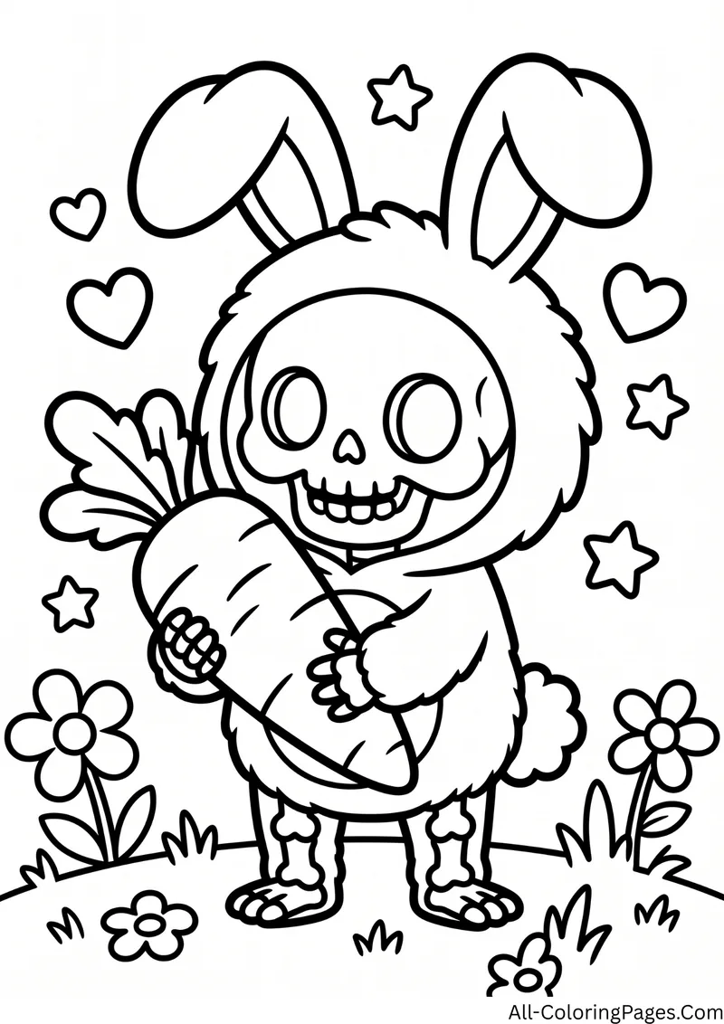 Skeleton wearing a bunny costume with long ears hugging a giant carrot among flowers