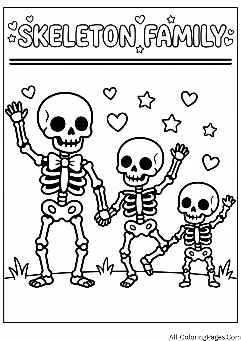 Three skeletons of different sizes holding hands and waving, inside a border with the title Skeleton Family