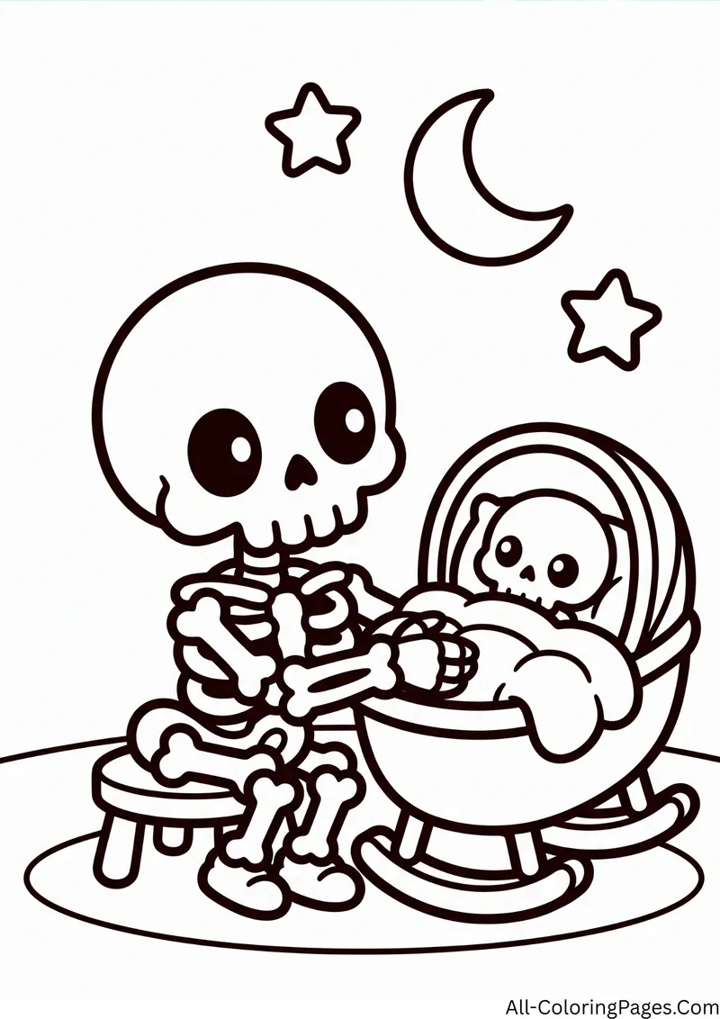 Mama skeleton rocking a baby skeleton in a cradle under a crescent moon and stars