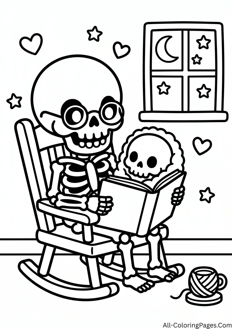 Grandpa skeleton with glasses reading a book to a small skeleton in a rocking chair, with a night window and a ball of yarn
