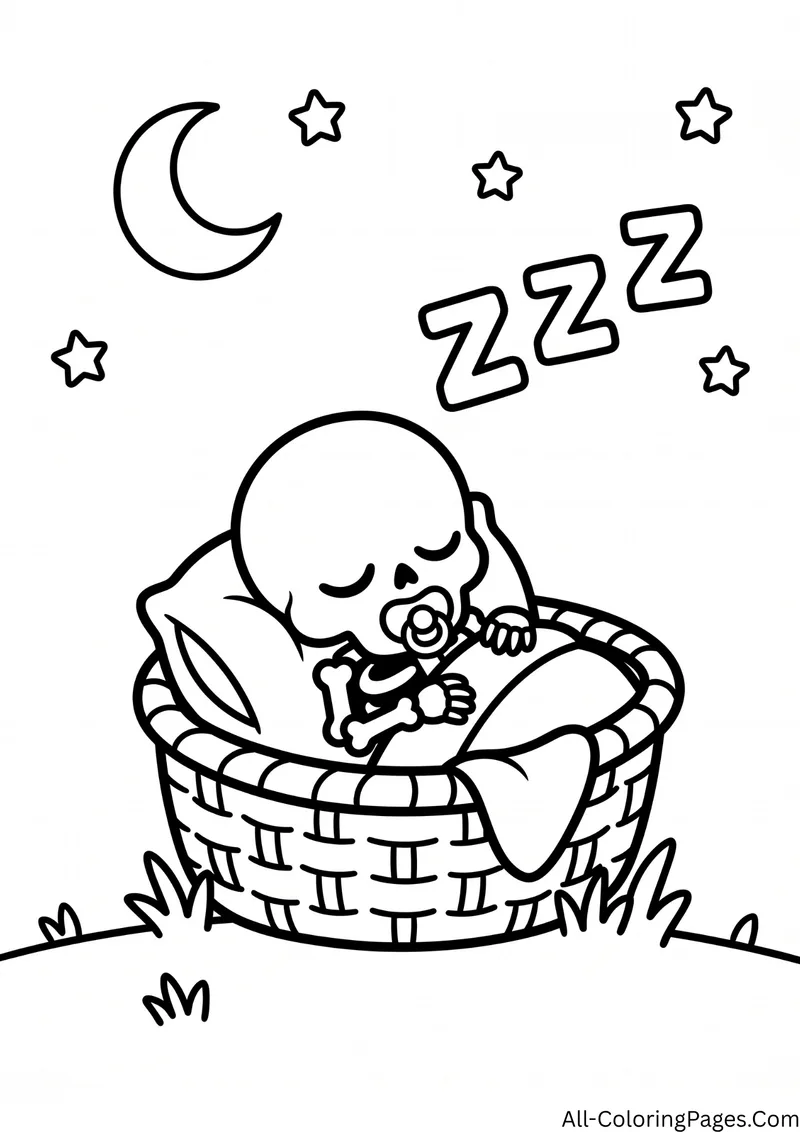 Baby skeleton with a pacifier sleeping in a woven basket, under a crescent moon with the letters Z