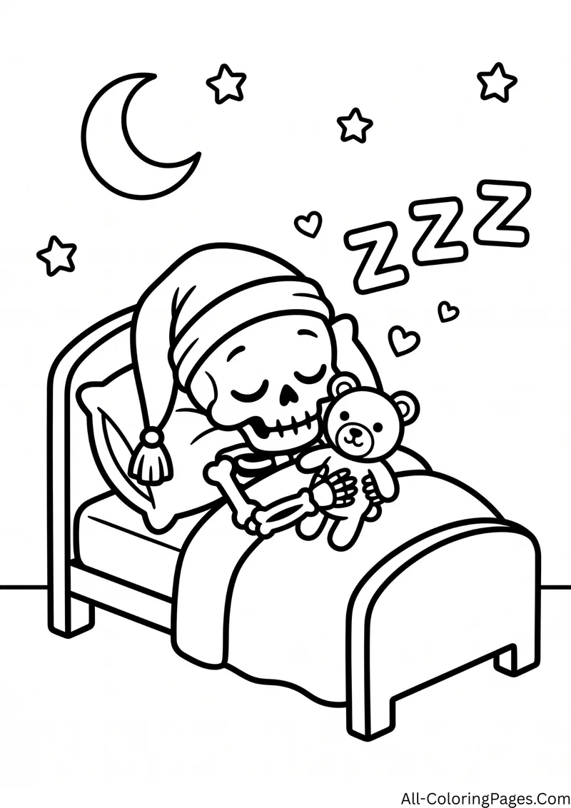 Skeleton in a nightcap sleeping in bed with a teddy bear, under a crescent moon, stars and the letters Z