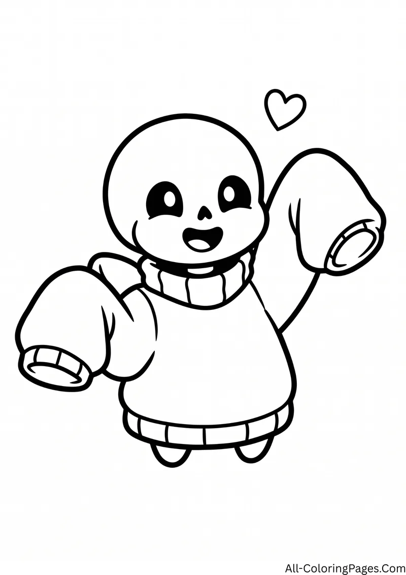 Skeleton waving in an oversized knitted sweater with long sleeves, with a heart