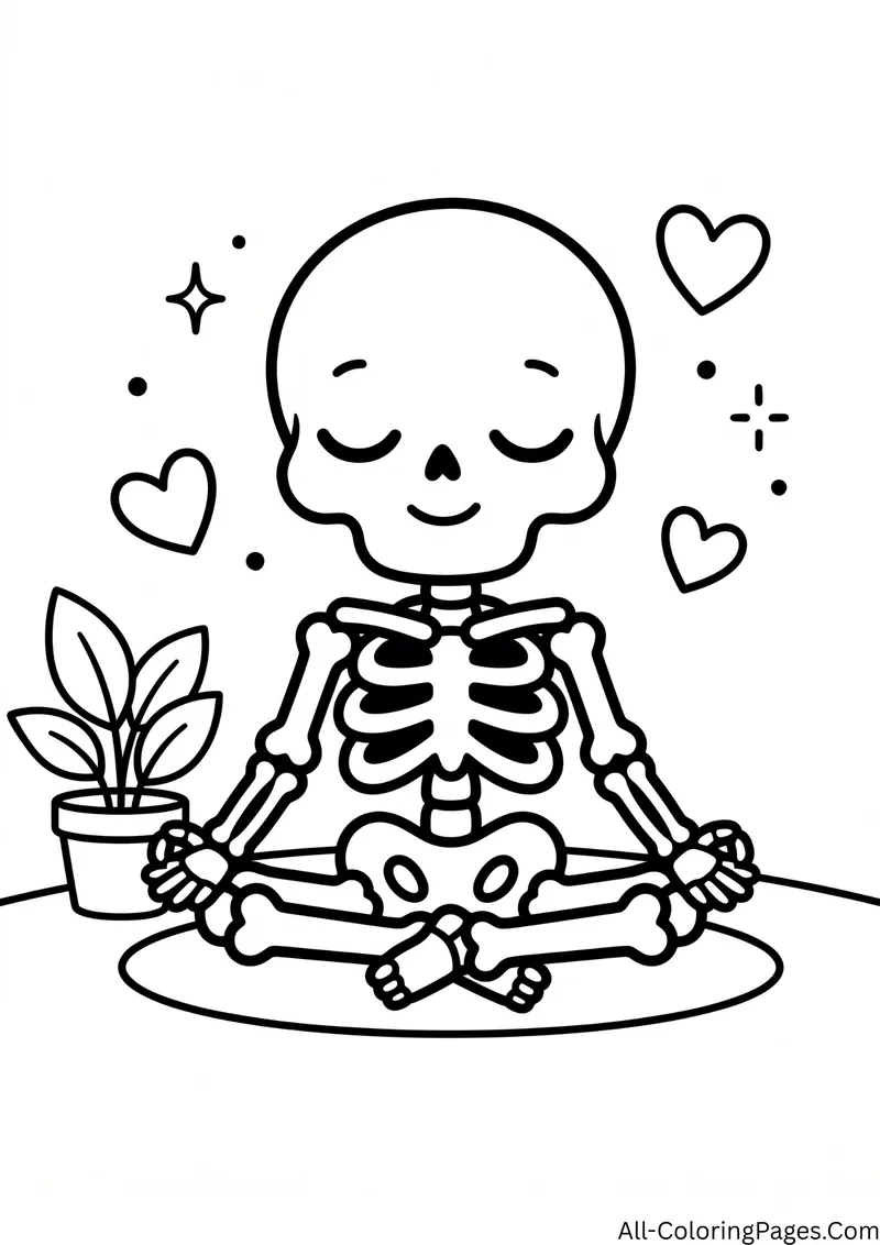 Skeleton sitting cross legged on a yoga mat with eyes closed, next to a potted plant, with hearts
