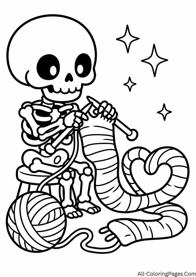 Skeleton knitting a long striped scarf with a heart, next to a ball of yarn, with sparkles