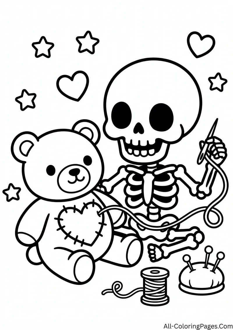 Skeleton sewing a heart shaped patch onto a teddy bear, with a thread spool and a pincushion