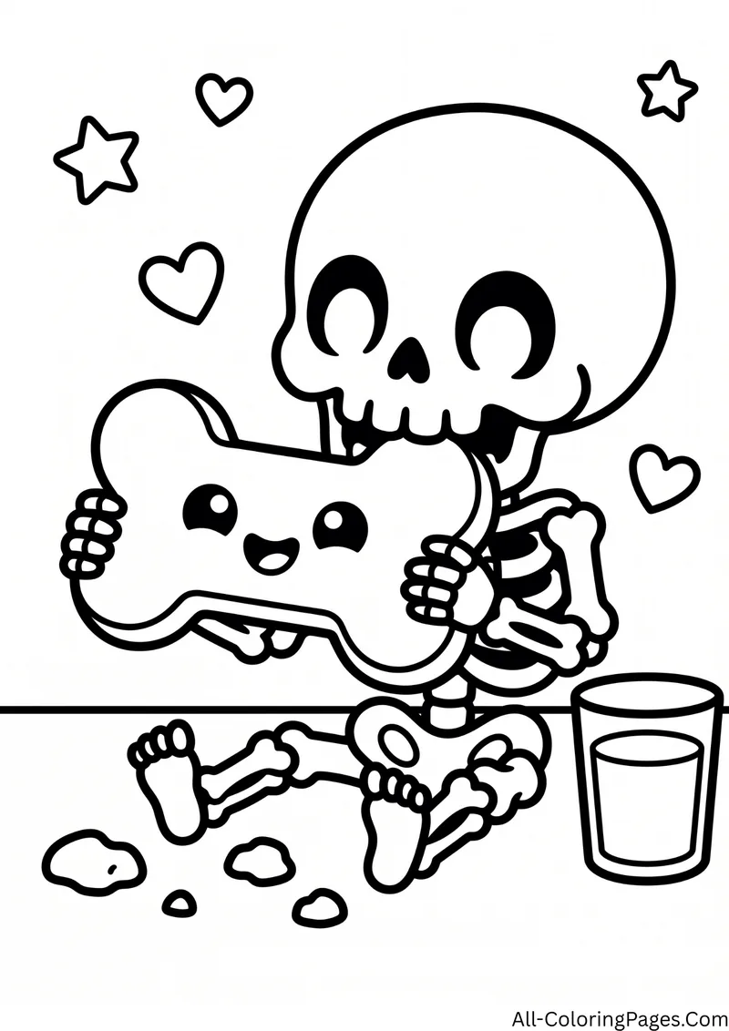 Skeleton holding a large bone shaped cookie with a smiling face, next to a glass of milk and cookie crumbs
