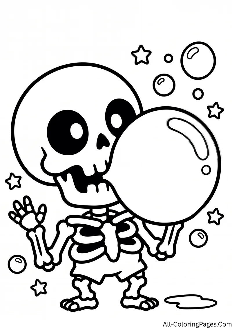 Skeleton blowing a giant bubble gum bubble, with small bubbles and stars around