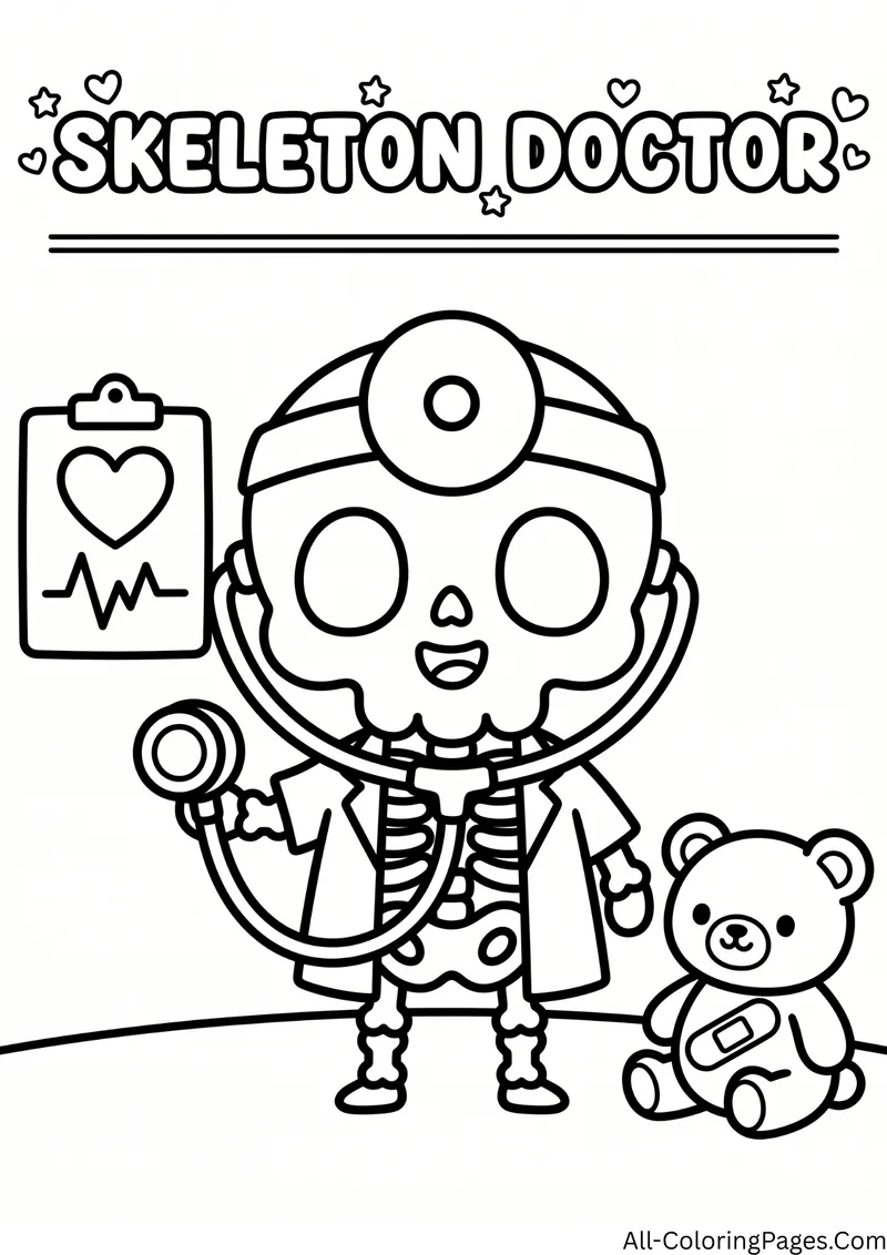 Skeleton doctor with a head mirror and stethoscope, a heart chart and a bandaged teddy bear, with the title Skeleton Doctor