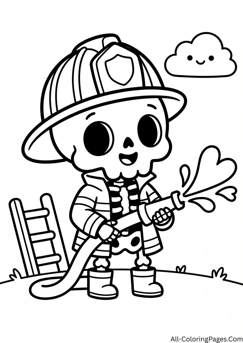 Skeleton firefighter in a helmet and coat spraying water from a hose, with a ladder and a cloud