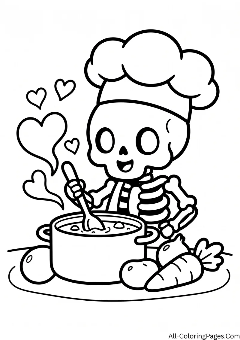Skeleton chef in a chef hat stirring a pot of soup, with vegetables and steam shaped like hearts
