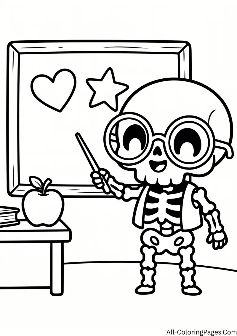 Skeleton teacher with big glasses pointing at a board with a heart and a star, with an apple on the desk