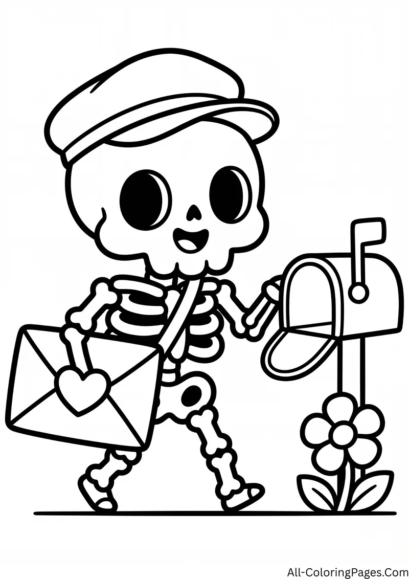 Skeleton mail carrier in a cap holding a heart letter next to a mailbox and a flower