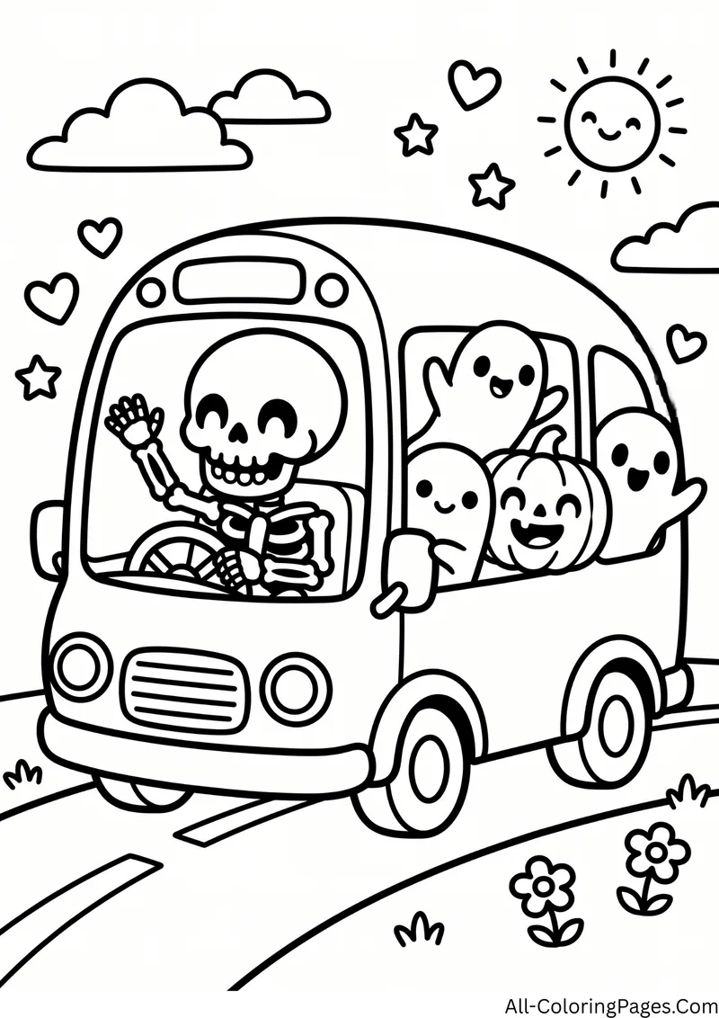 Skeleton driving a school bus with ghost and pumpkin passengers, under a smiling sun and clouds