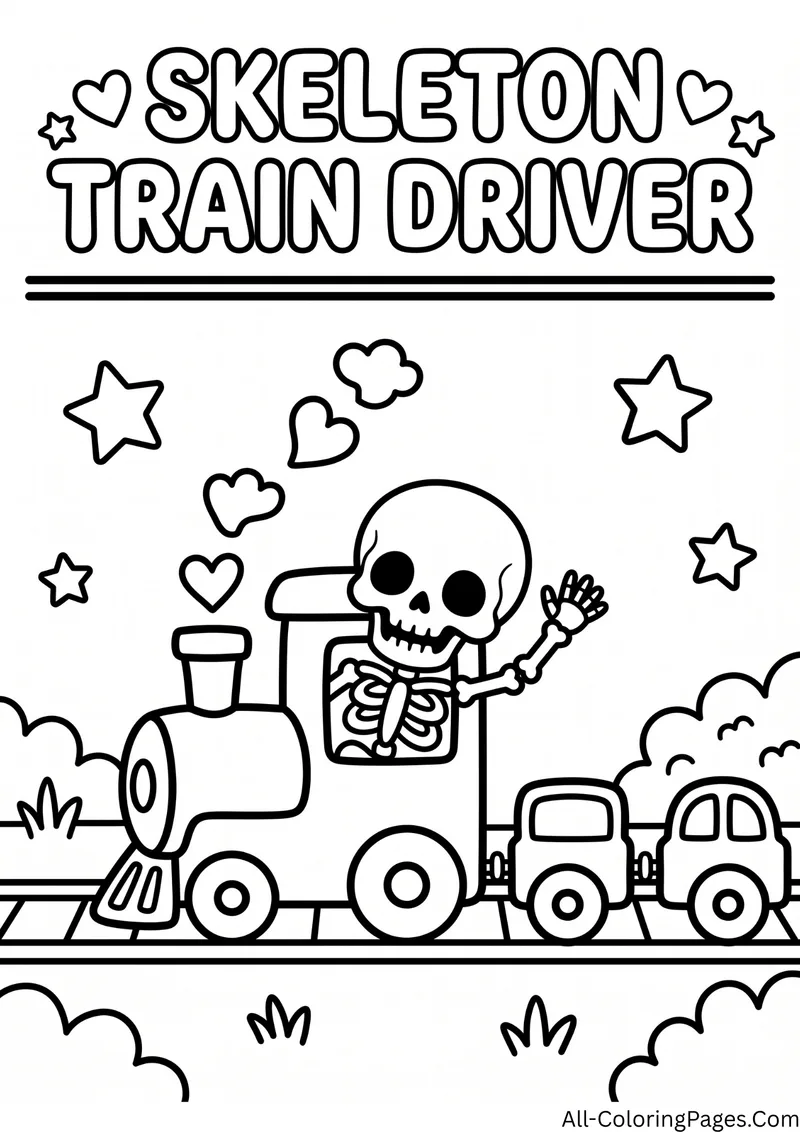 Skeleton driving a steam train with heart shaped smoke, with the title Skeleton Train Driver at the top