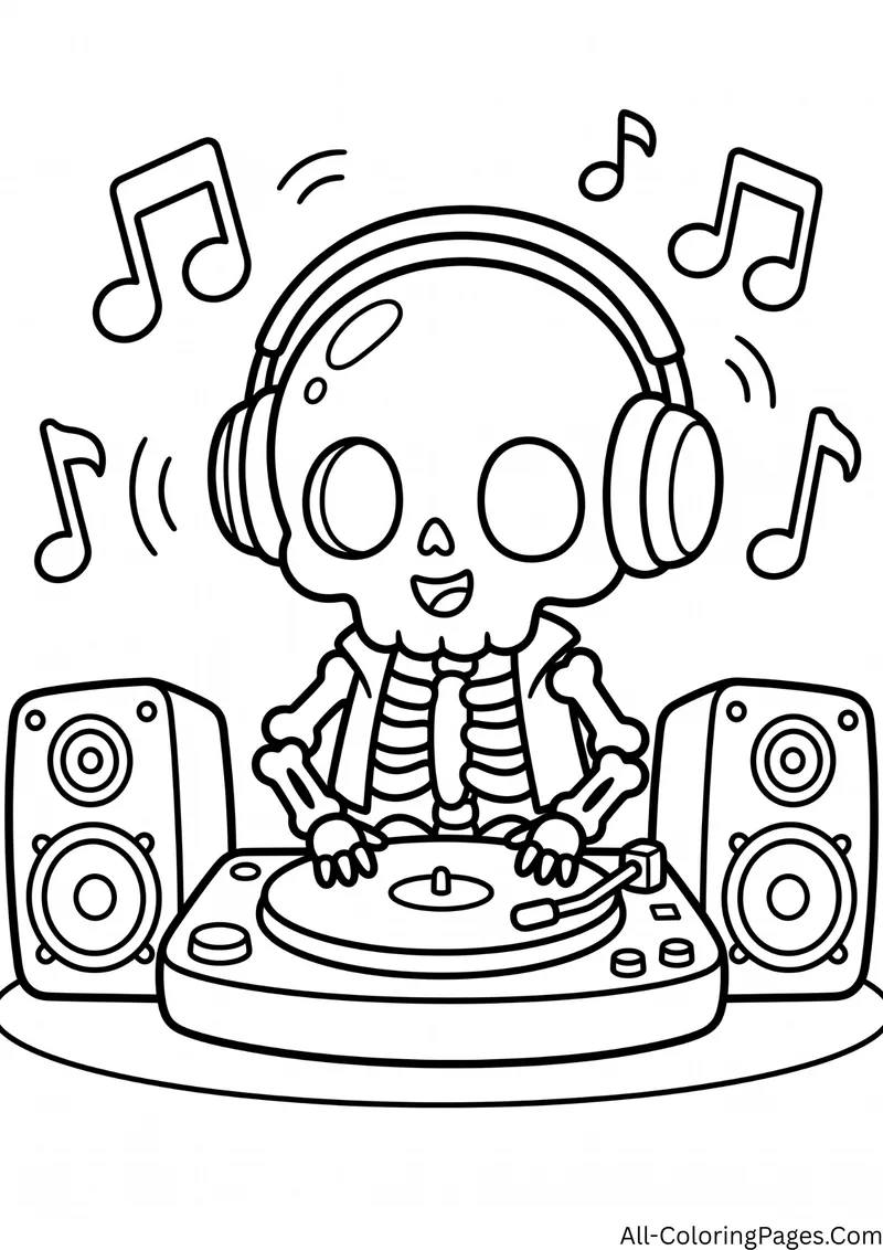 Skeleton DJ wearing headphones at a turntable between two speakers, with music notes