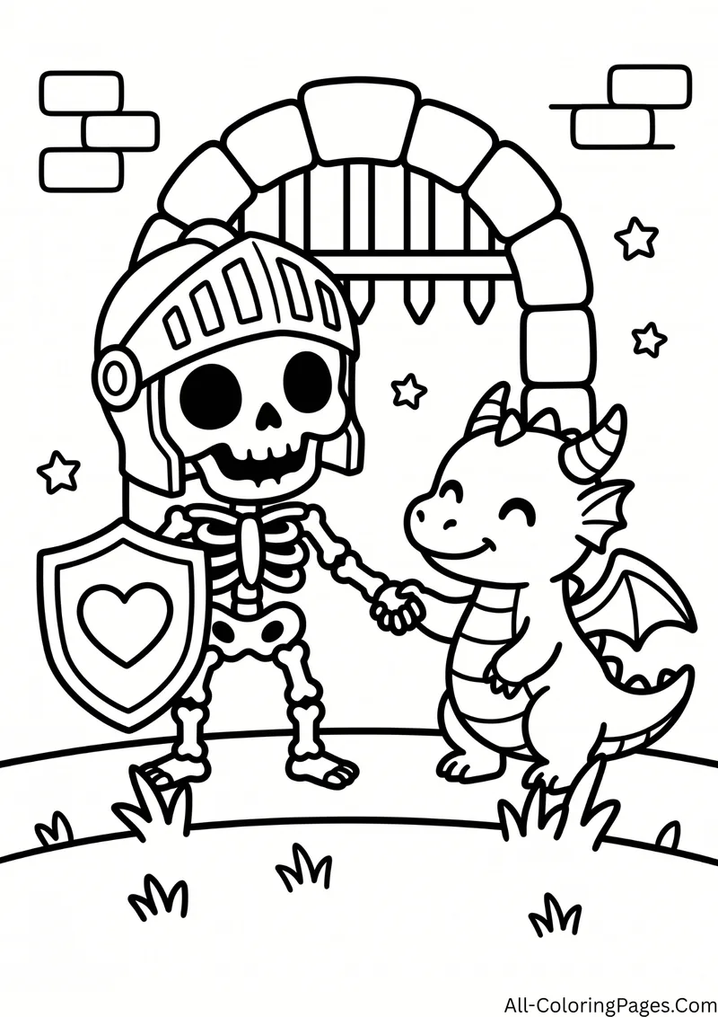 Skeleton knight in a helmet holding a heart shield and shaking hands with a baby dragon by a castle gate