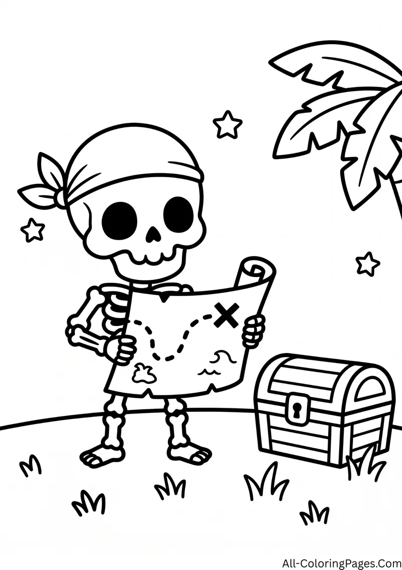 Pirate skeleton in a bandana holding a treasure map, with a treasure chest and a palm tree