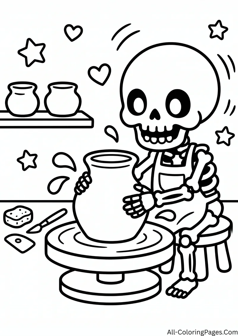 Skeleton shaping a clay vase on a pottery wheel, with pots on a shelf and tools on the table