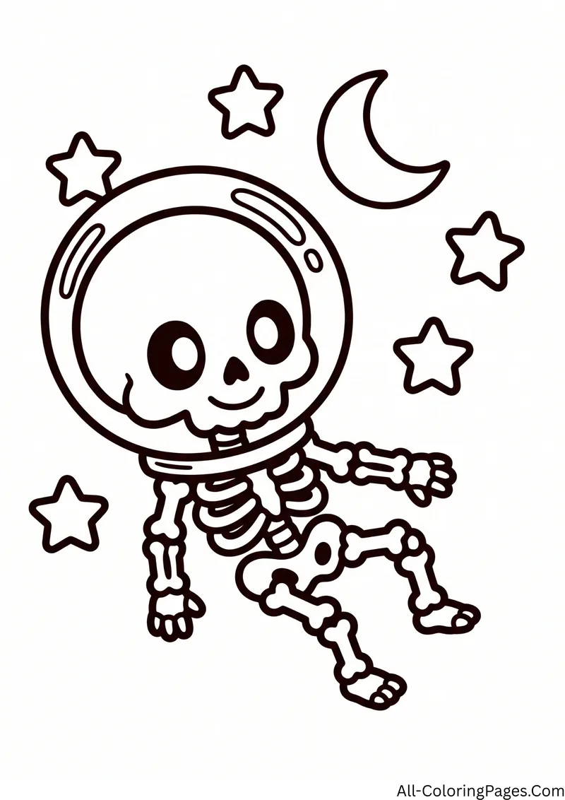 Skeleton wearing an astronaut helmet floating in space with a crescent moon and stars