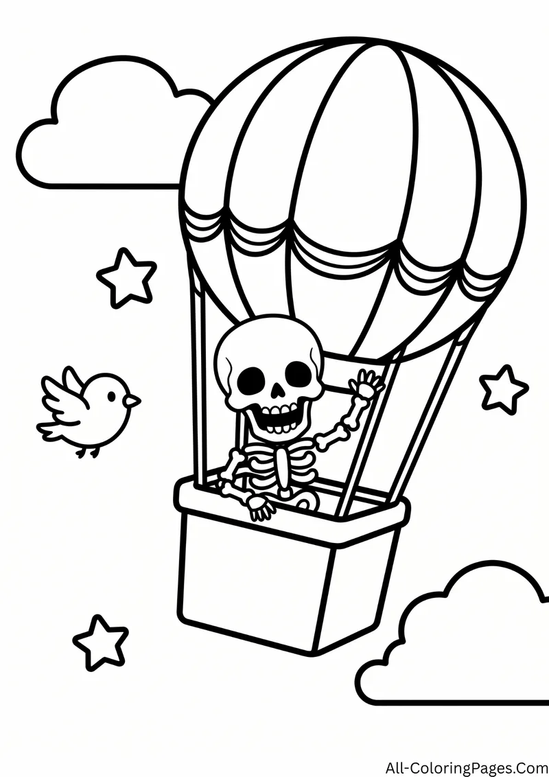 Skeleton riding in the basket of a striped hot air balloon, with clouds, stars and a bird