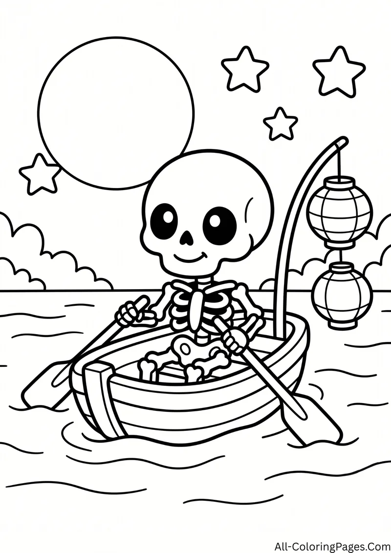Skeleton rowing a boat with paper lanterns hanging from a pole, under a full moon and stars