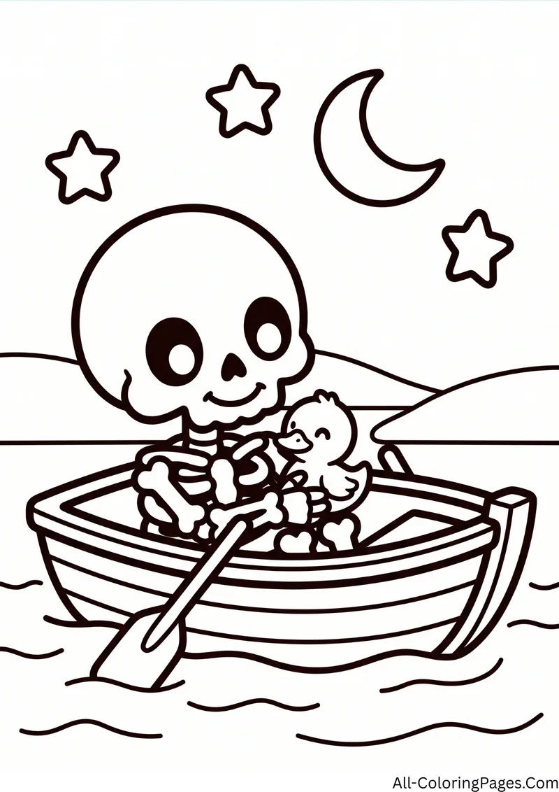Skeleton rowing a wooden boat with a duckling, under a crescent moon and stars
