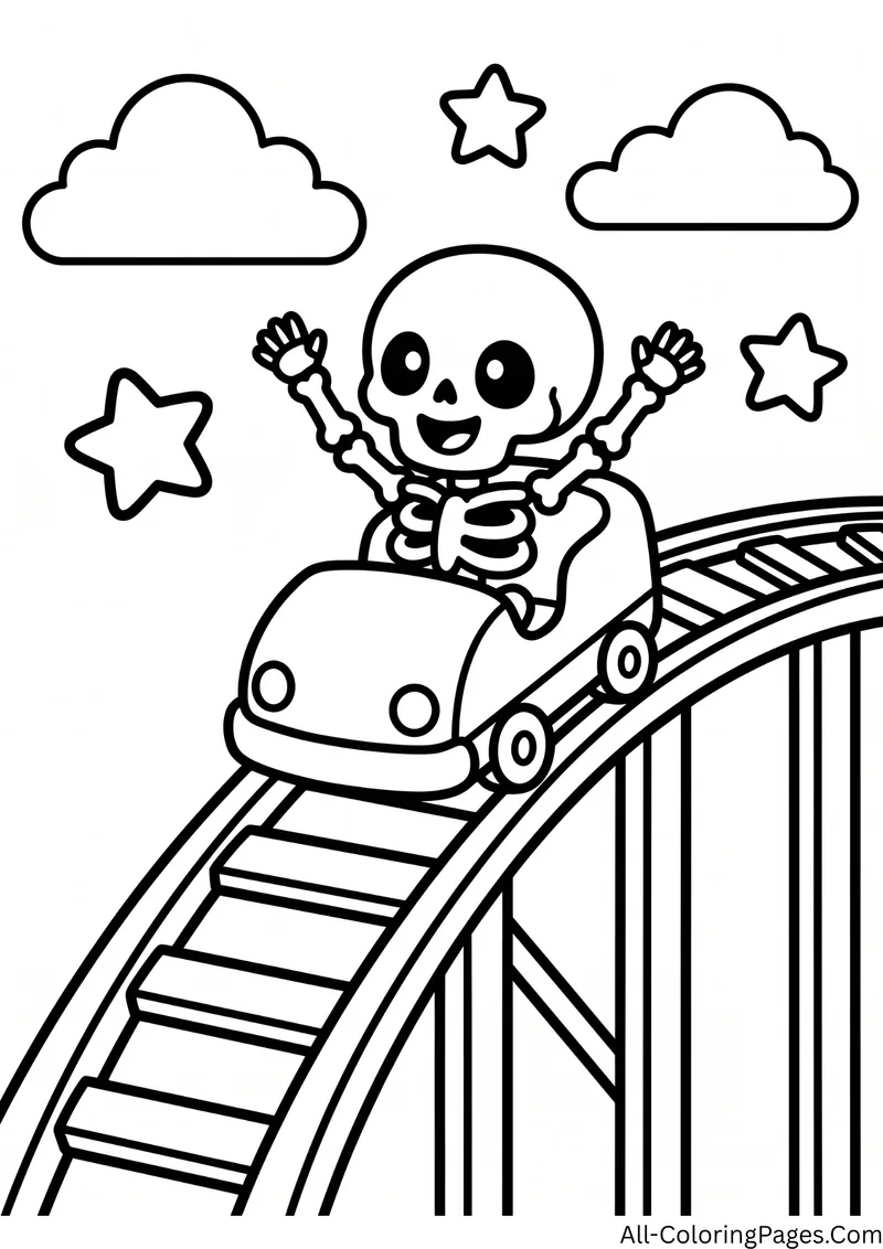 Skeleton with arms raised riding a roller coaster car down the track, with clouds and stars