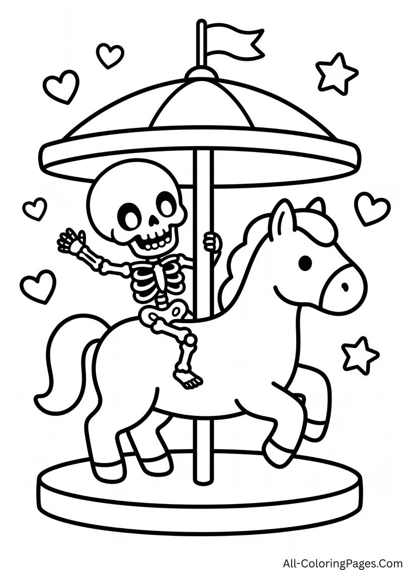 Skeleton riding a carousel horse under a striped canopy with a flag, with hearts and stars