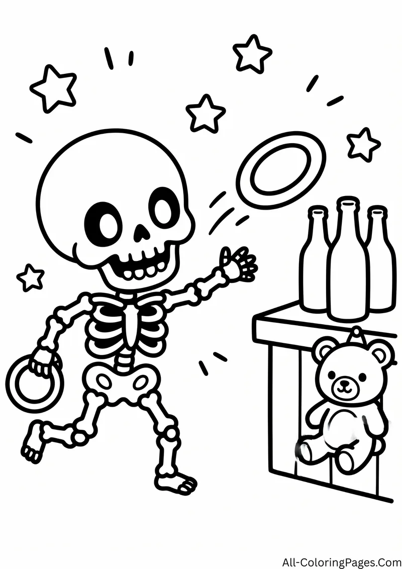 Skeleton throwing rings at bottles at a carnival stand with a teddy bear prize
