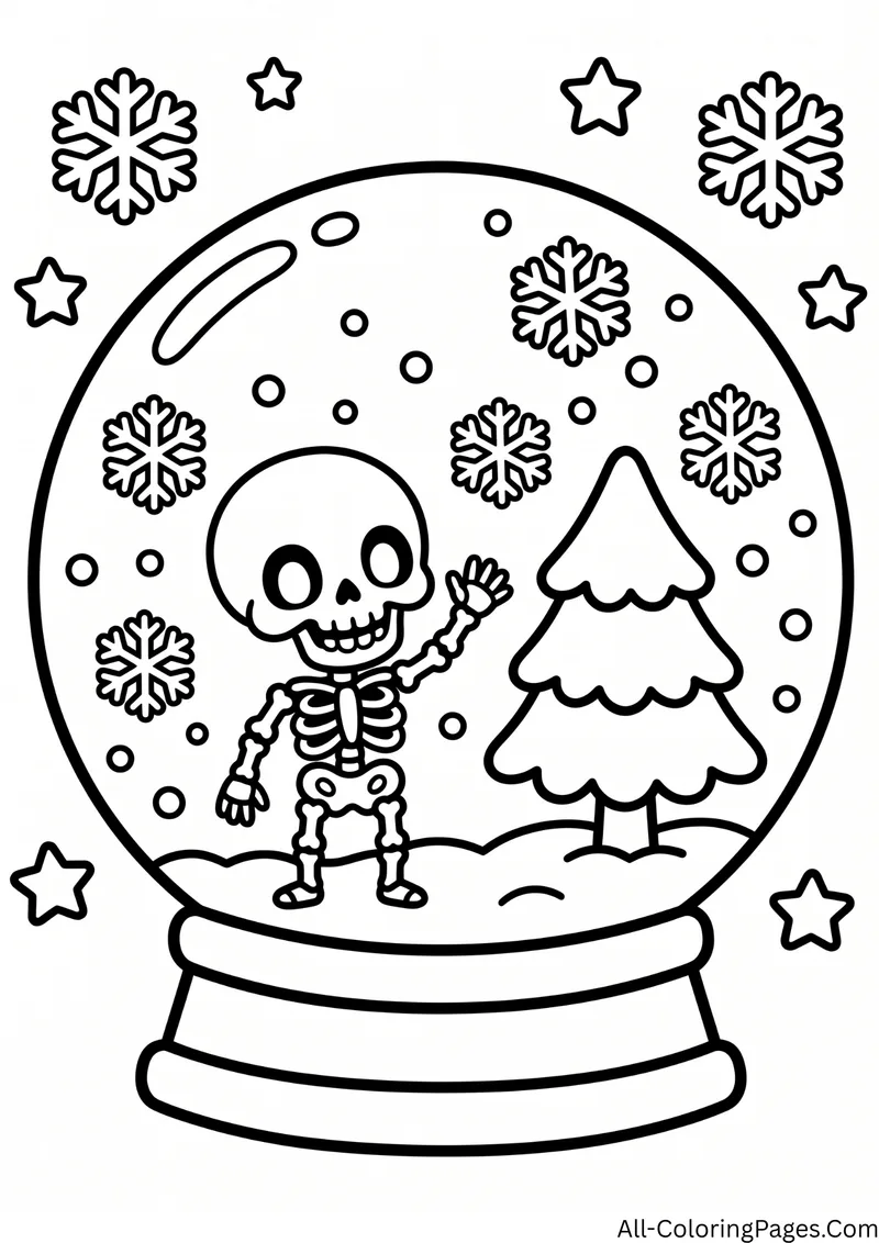 Skeleton waving inside a snow globe next to a pine tree, with snowflakes and stars