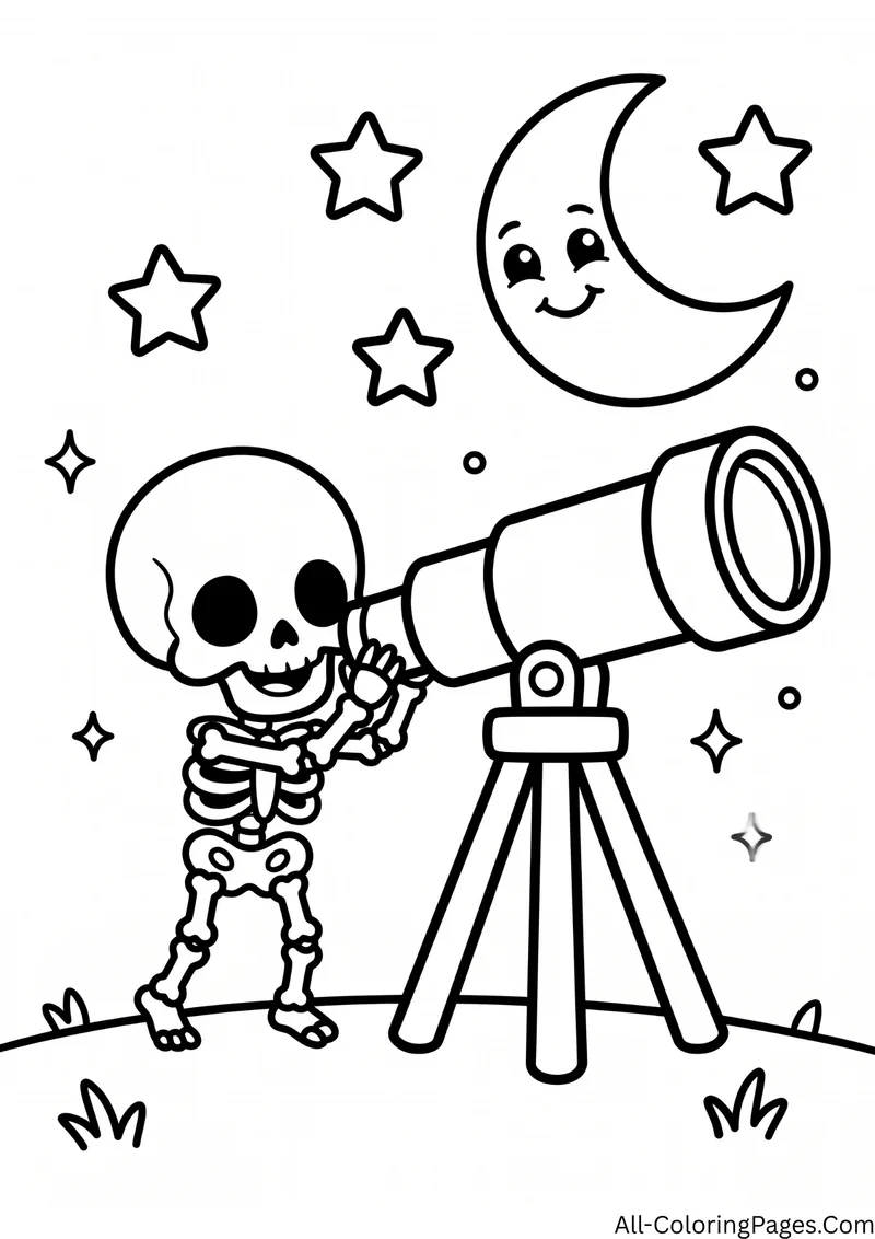 Skeleton looking through a telescope at a smiling crescent moon and stars