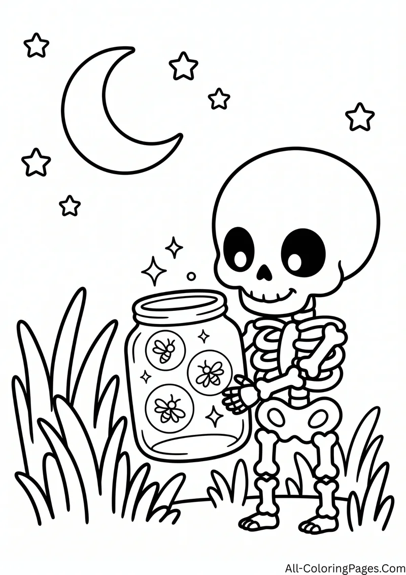 Skeleton holding a glass jar of fireflies in tall grass under a crescent moon and stars