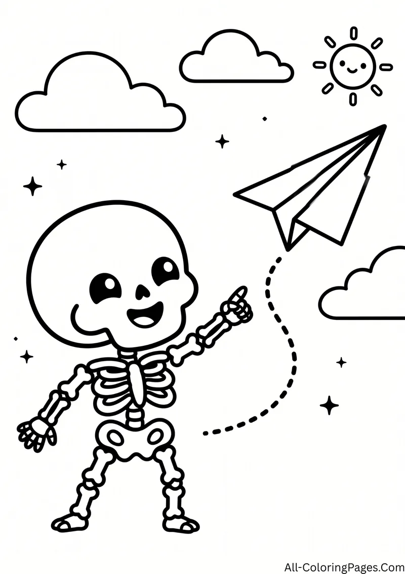 Skeleton pointing at a flying paper airplane, with clouds, a smiling sun and sparkles