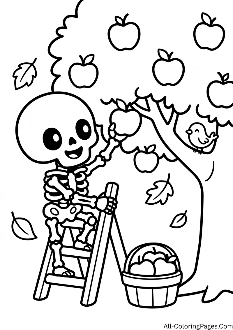Skeleton on a ladder picking apples from a tree, with a basket of apples, a bird and falling leaves