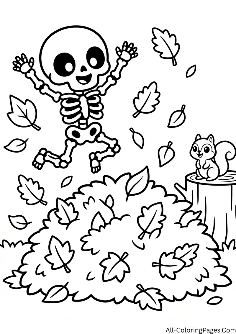 Skeleton jumping into a big pile of leaves while a squirrel sits on a tree stump
