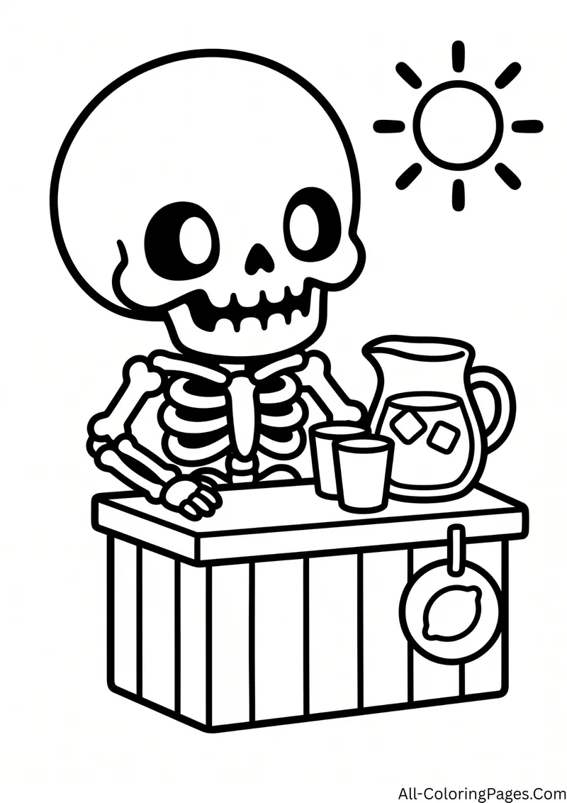 Skeleton at a lemonade stand with a pitcher and cups, a lemon sign and a sun
