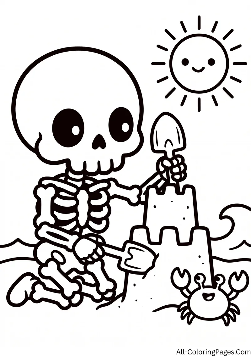 Skeleton building a sandcastle with a shovel on the beach, with a crab, waves and a smiling sun