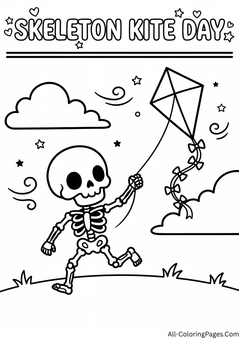 Skeleton flying a diamond kite on a windy day, with clouds and the title Skeleton Kite Day at the top