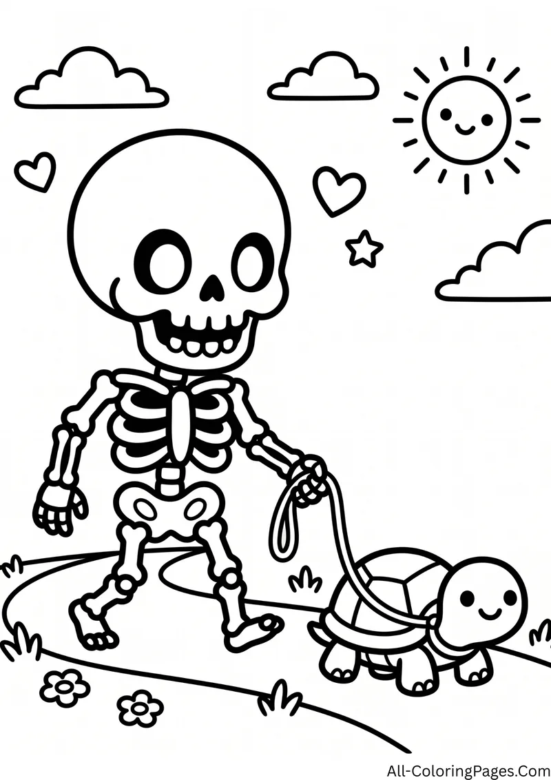 Skeleton walking a turtle on a leash along a path, with a sun, clouds and flowers