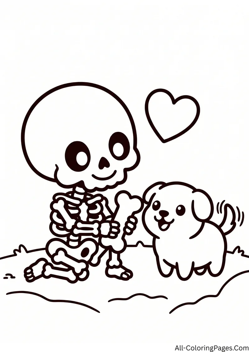 Skeleton giving a bone treat to a happy puppy, with a heart above