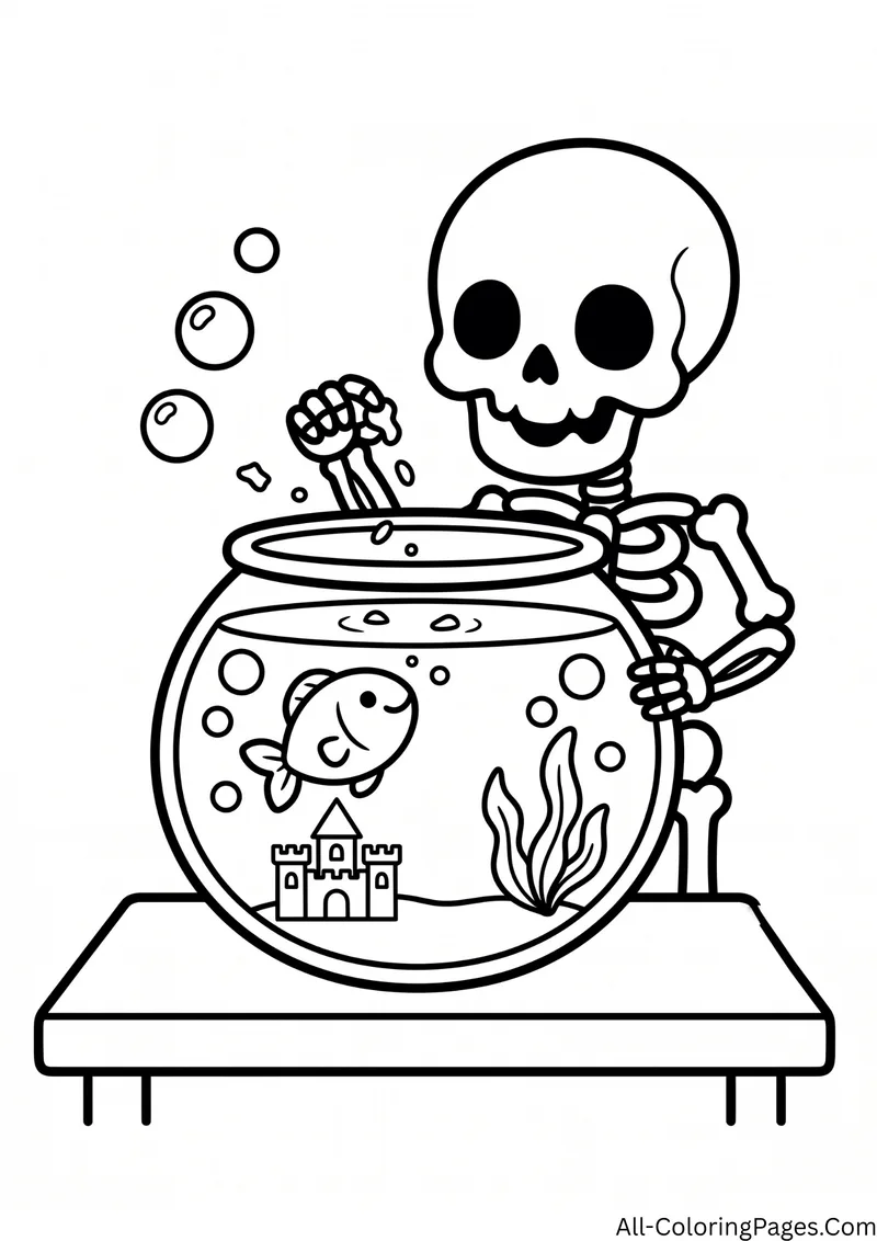 Skeleton feeding a fish in a round fish bowl with a castle and seaweed on a table
