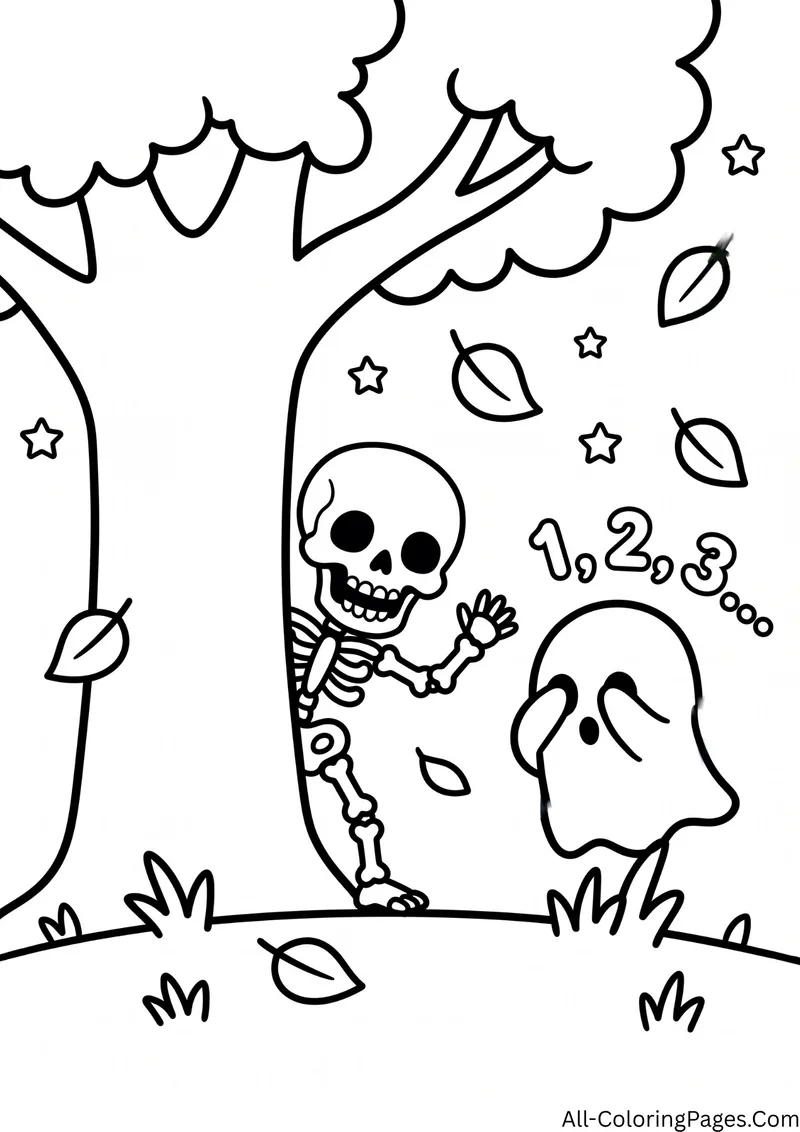 Skeleton peeking from behind a tree while a ghost covers its eyes and counts, with falling leaves