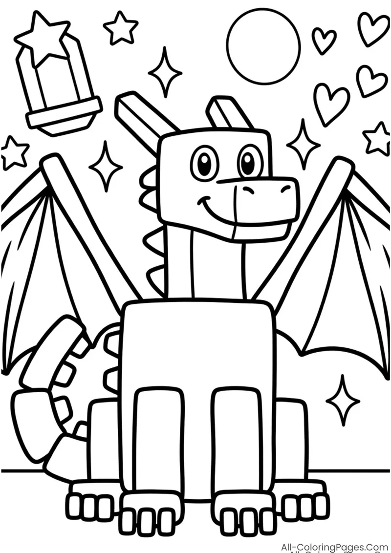 Friendly Minecraft Ender Dragon sitting with open wings beneath stars and hearts