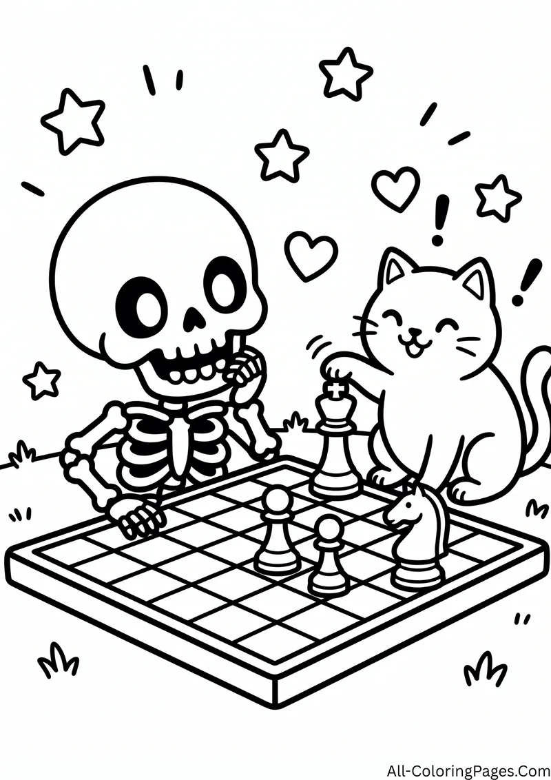 Skeleton playing chess with a cat that moves a knight piece on the board