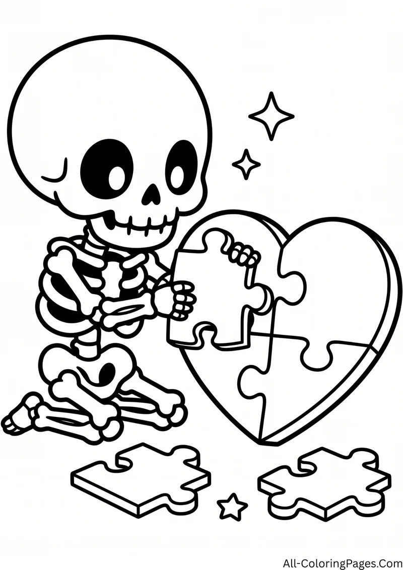 Skeleton fitting pieces into a large heart shaped jigsaw puzzle, with puzzle pieces on the floor