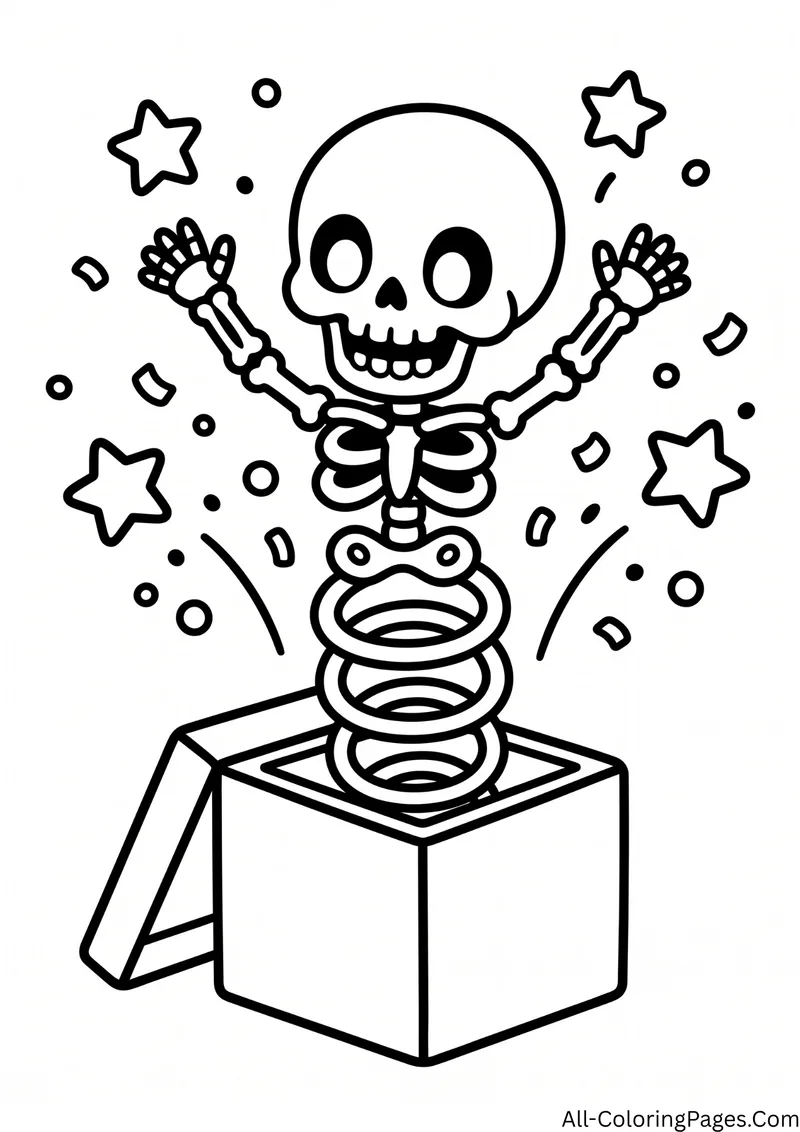 Skeleton popping out of a jack in the box on a spring, with confetti and stars