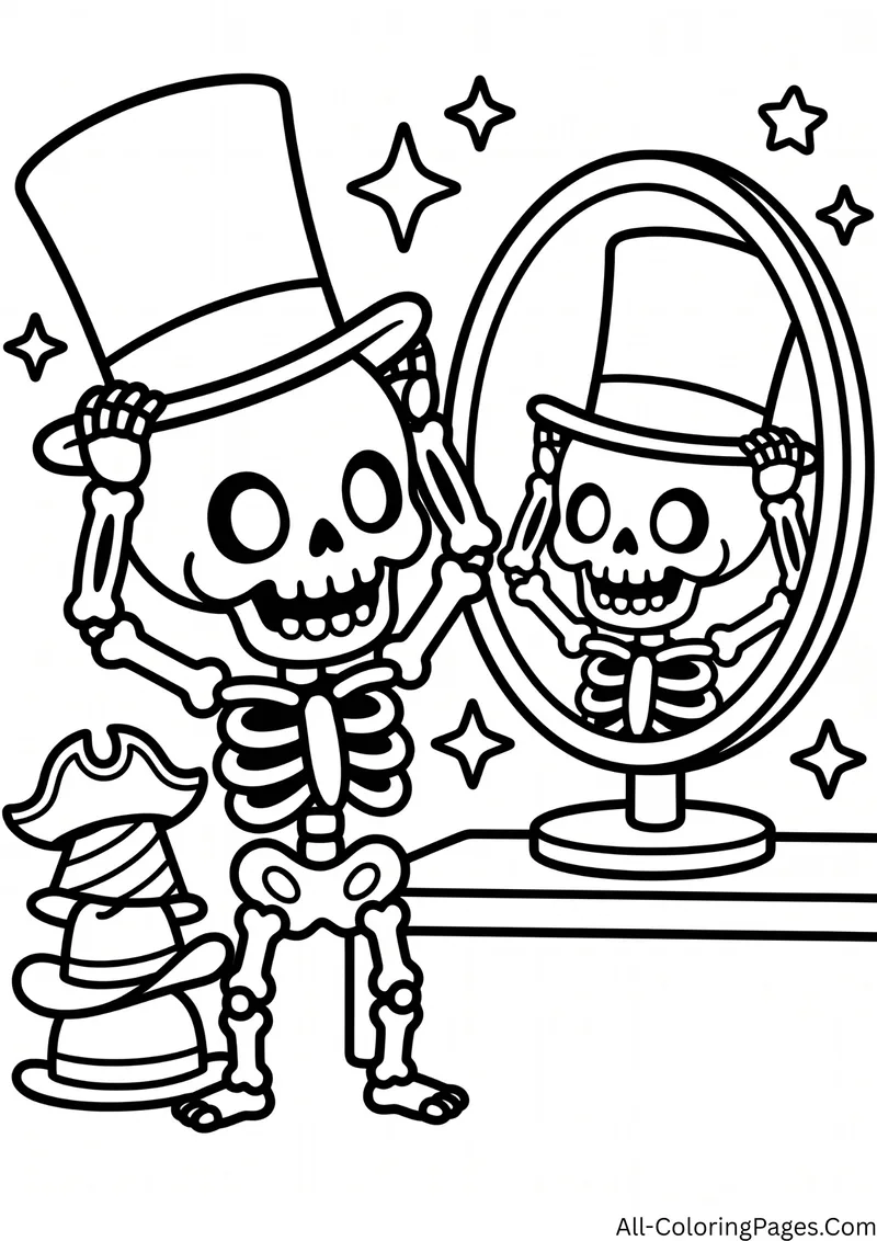 Skeleton wearing a top hat posing in front of a mirror, with a stack of hats nearby